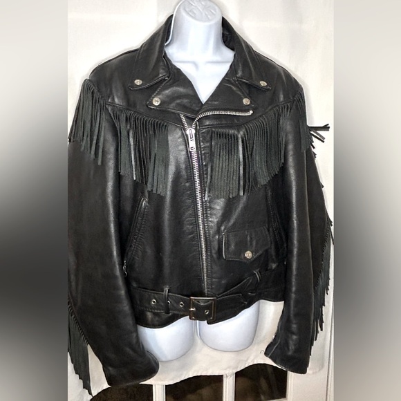 Schott NYC Jackets & Blazers - DURO-JAC BY SCHOTT, NYC VINTAGE FRINGE BLK LEATHER JACKET, SZ 38 EXCELLENT SHAPE